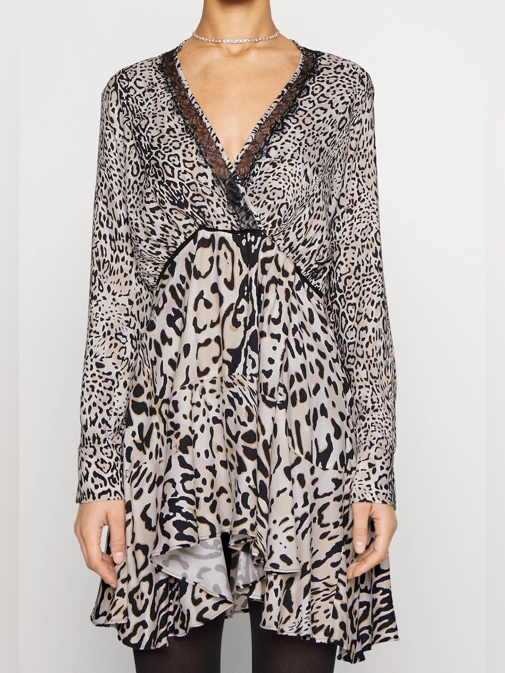 Pinko Atika Animal Print Leopard Long Sleeve Lace Trim Dress Sz US 6